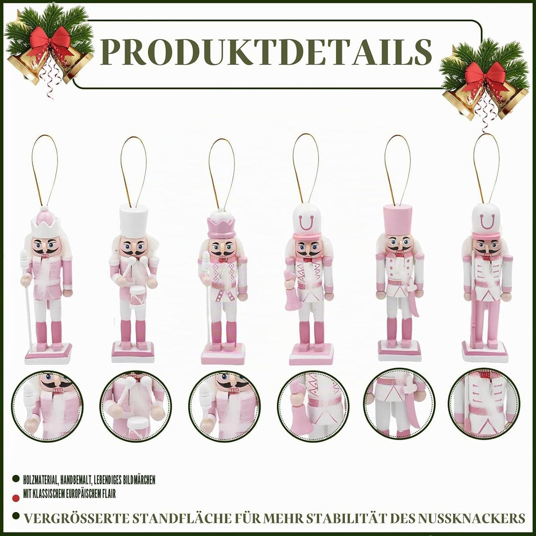 6 Stück 12cm Rosa Weihnachten Nussknacker Figur Klein,Holz Nussknacker Soldat Traditionelle Weihnach