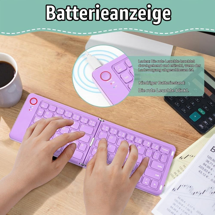 Faltbare Tastatur Klappbar, Wiederaufladbare kabellose Mini-Tastatur für iOS, Android, Windows, QWER