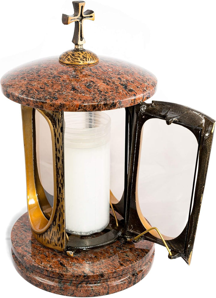 Stilvolle Grablaterne Elégant mit Kreuz Granit Vanga Höhe 27 cm/Ø 15 cm Grableuchte Grablicht Grabla