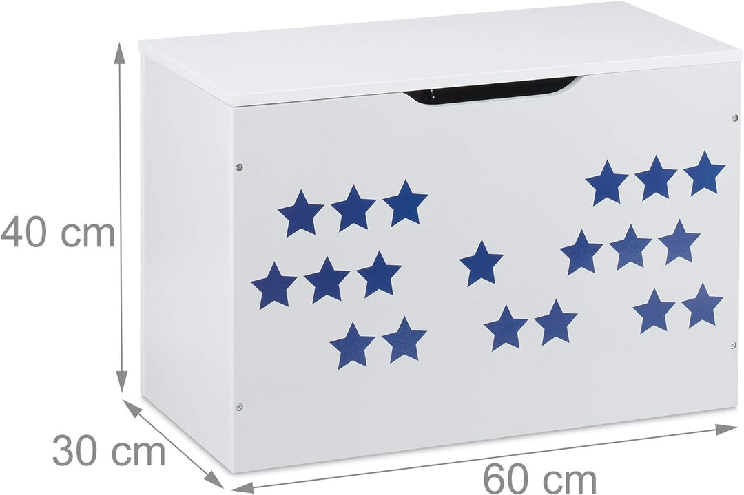 Relaxdays, weiss/blau Spielzeugtruhe mit Deckel, Aufbewahrung für Kinder, Stern Design, Spielzeugkis
