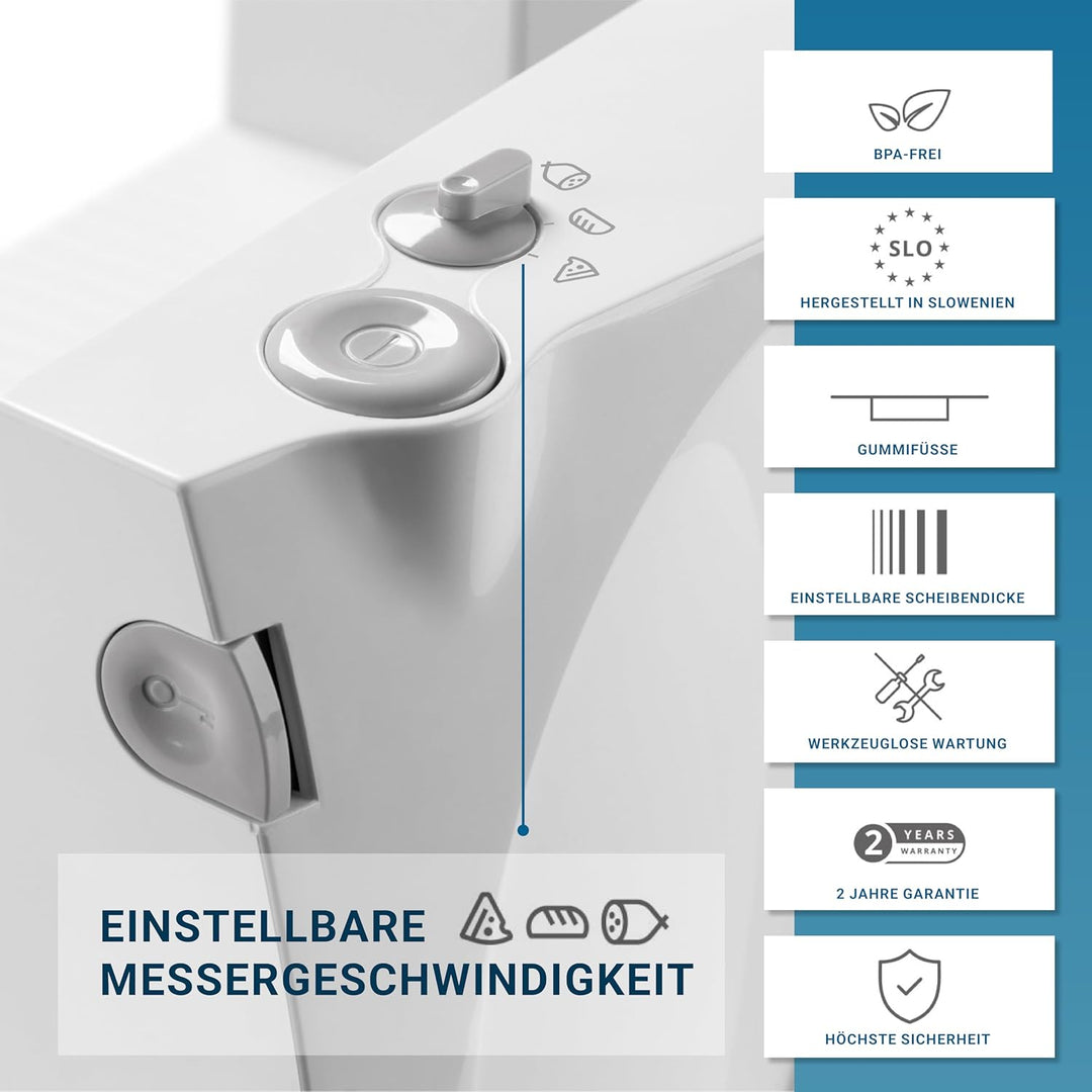 EUREL RS46 Allesschneider Made in Europa, Dauerschaltung, Serviertablett, platzsparend klappbar Elek