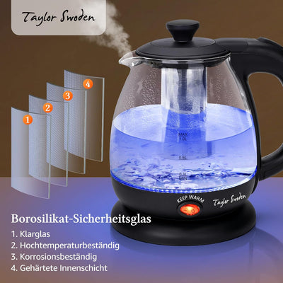 Taylor Swoden Wasserkocher Klein,1 Liter Wasserkocher Glas Led, 2200W Electric Kettle, Warmhaltefunk