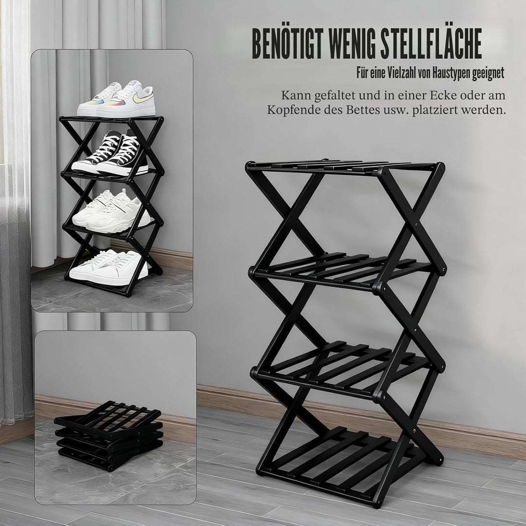 Kleines Schuhregal, schwarz, 4 Etagen, Bambus, faltbar, Schuh-Organizer, freistehendes Regal für Sch