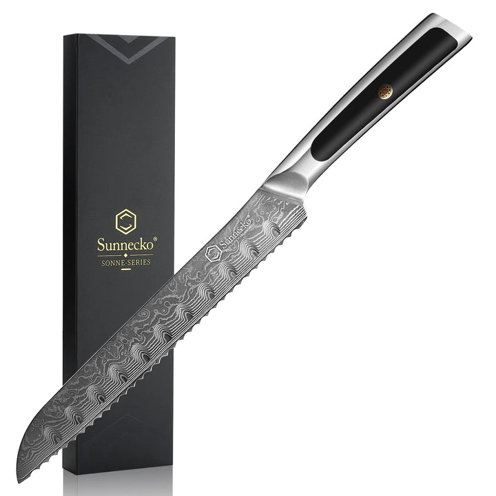 Sunnecko 20cm Brotmesser mit Wellenschliff - Damastmesser mit ergonomischem Griff, Brötchenmesser Br