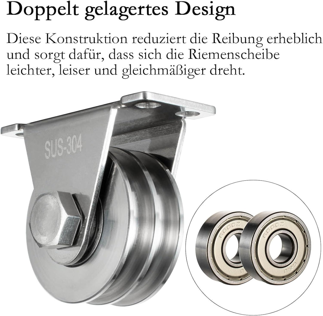Doppelte Umlenkrolle mit 2 Kugellager, Edelstahl Flaschenzug, Umlenkrollen für 8mm Seile Stahlseil,