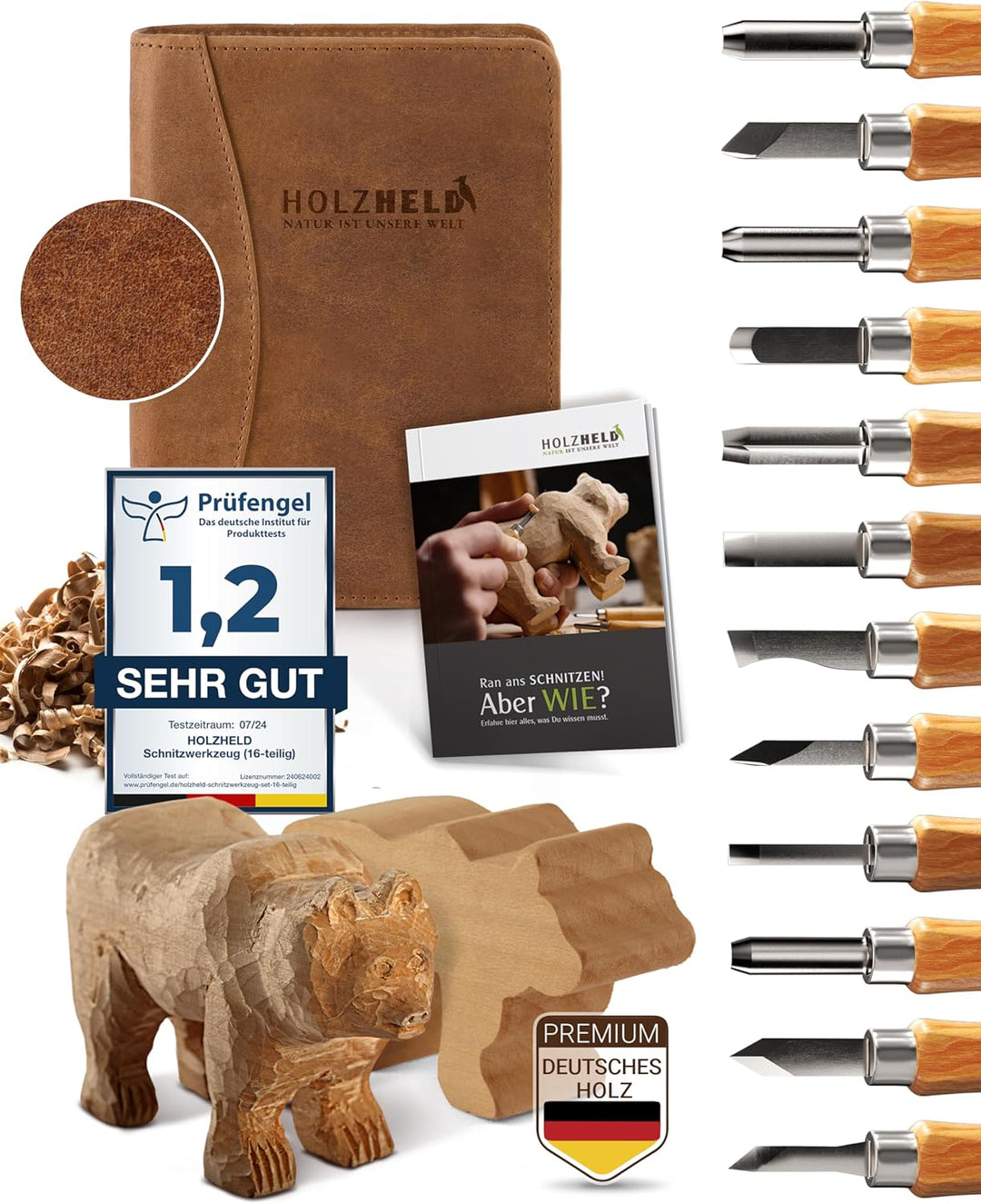 HOLZHELD Schnitzwerkzeug und Schnitzrohling (17-teilig) in hochwertiger Ledertasche. Inkl. Anleitung