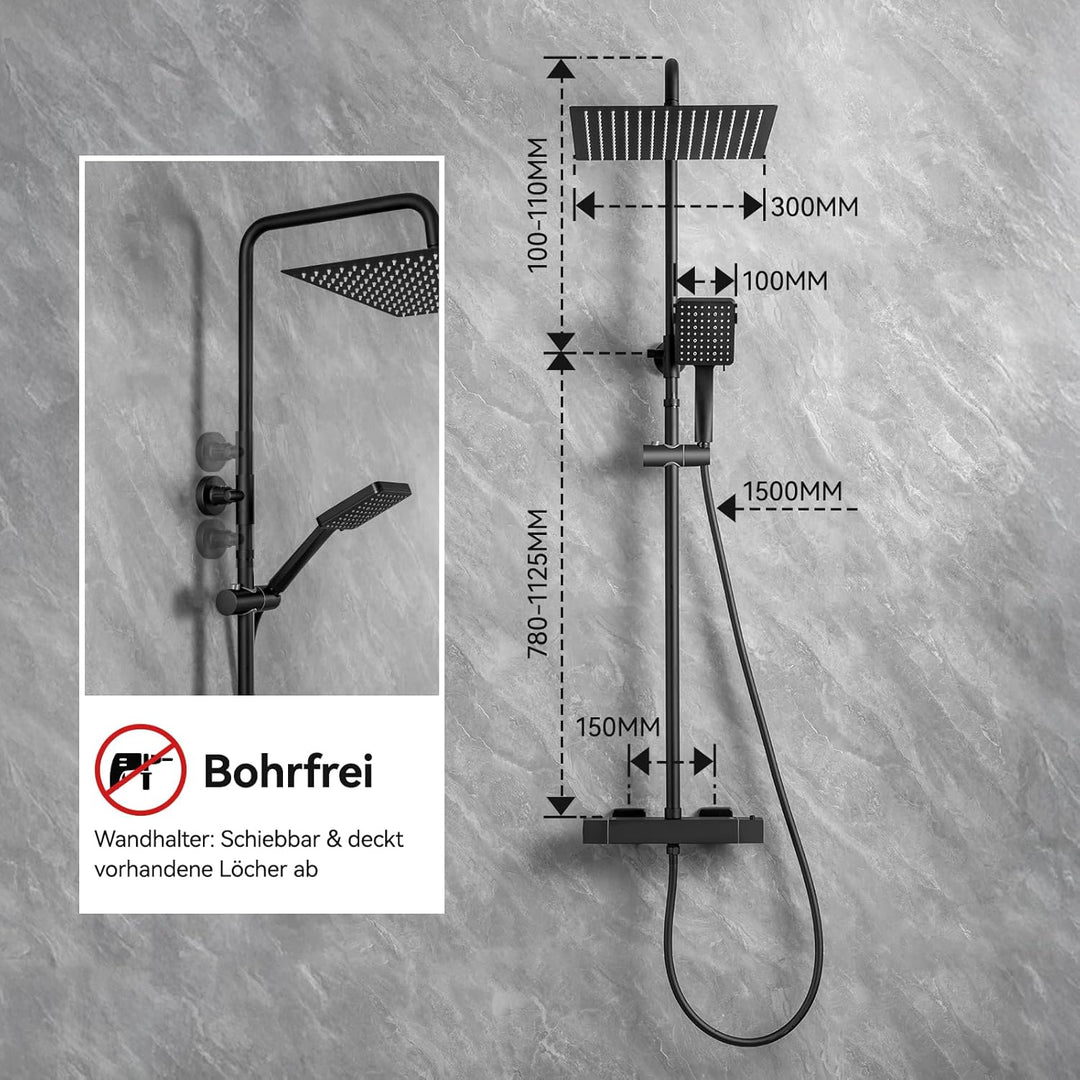 Auralum Thermostat Duschsystem Komplettset Schwarz mit 30cm Edelstahl Regendusche, 6 Strahlarten Han
