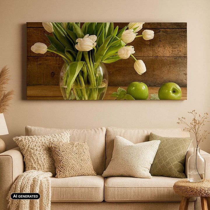 Wandbilder Dekoration Wohnzimmer Tulpen Apfel Blumenstrauss Frühling Bilder auf Leinwand 120x50cm Le
