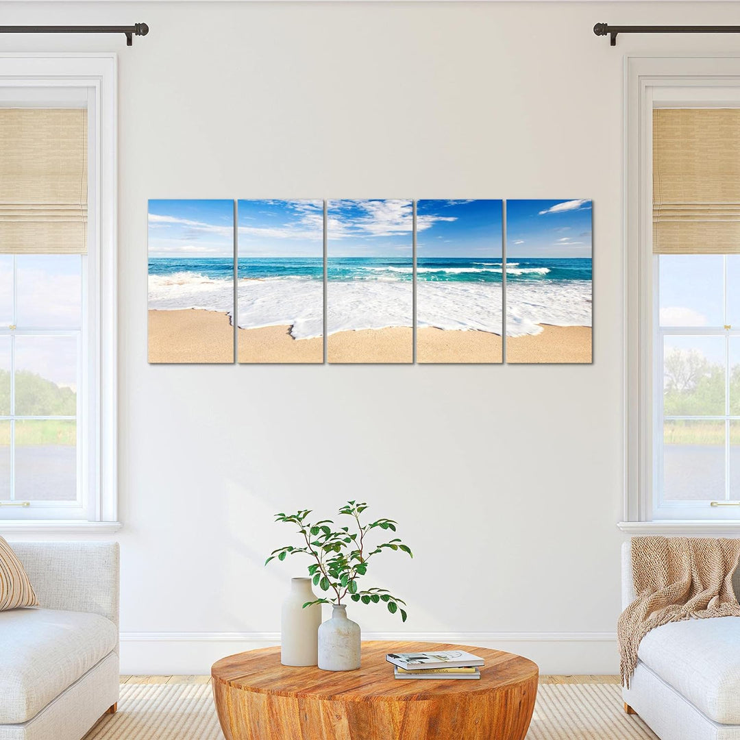 Runa Art Wandbild XXL Strand Meer Schlafzimmer Wohnzimmer 200 x 80 cm Beige Blau 5 Teilig - Made in