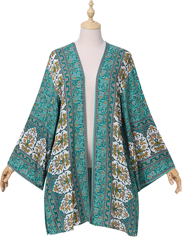ZANZEA Damen Blumendruck Kimono Strickjacke Boho Strandkleid Pareos Poncho Sommer Strand Cardigan Bi