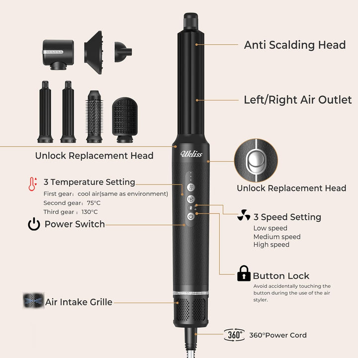 UKLISS 7 in 1 Pro-Hairstyler, Haarstyler & Föhn Set mit 1400 Watt Hair Dryer, Lockenstab Automatisch