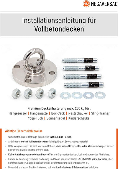 MEGAVERSAL Premium Edelstahl Halterung bis 250 kg | Befestigung für Hängesessel Hängematte Boxsack L