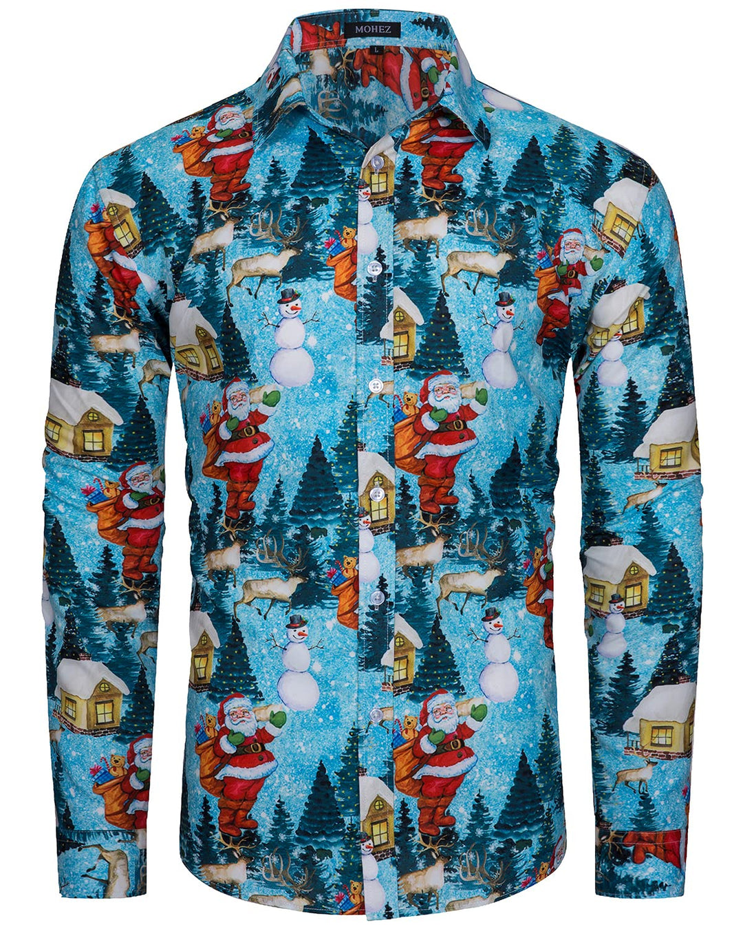 Herren Funky Christmas Print Weihnachtshemd Langarm Button Up Freizeithemd Rentier Santa Schnee Xmas