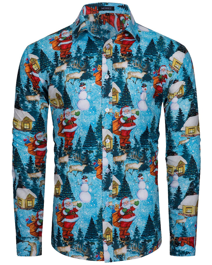 Herren Funky Christmas Print Weihnachtshemd Langarm Button Up Freizeithemd Rentier Santa Schnee Xmas