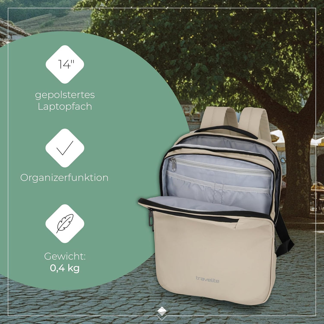 Travelite Handgepäck Rucksack, Laptopfach 13 Zoll, wasserabweisender Tagesrucksack mit Aufsteckfunkt