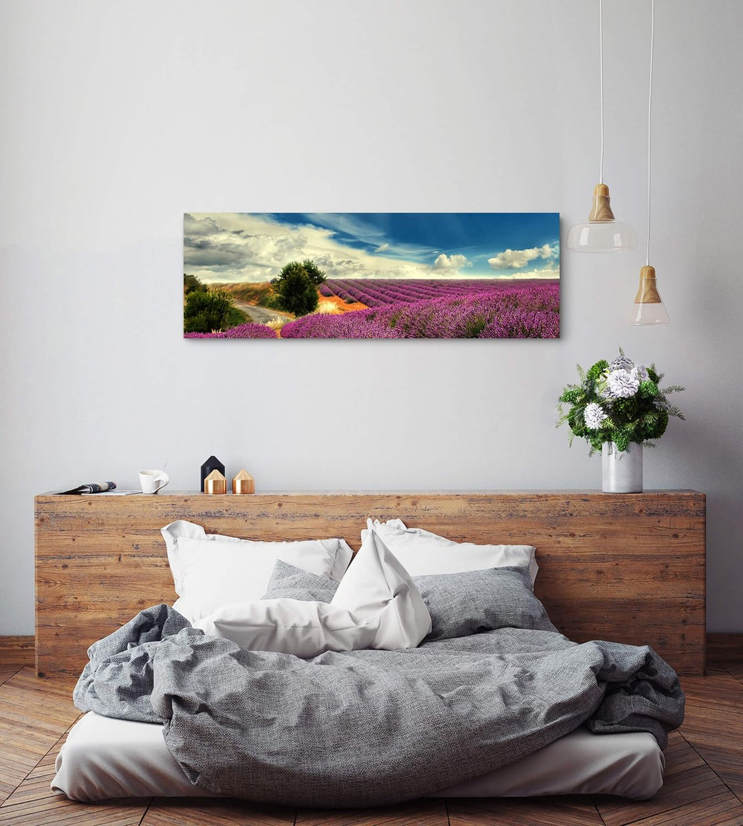 Paul Sinus Art Leinwandbilder | Bilder Leinwand 150x50cm Lavendel Felder bei blauem Himmel, 150x50cm