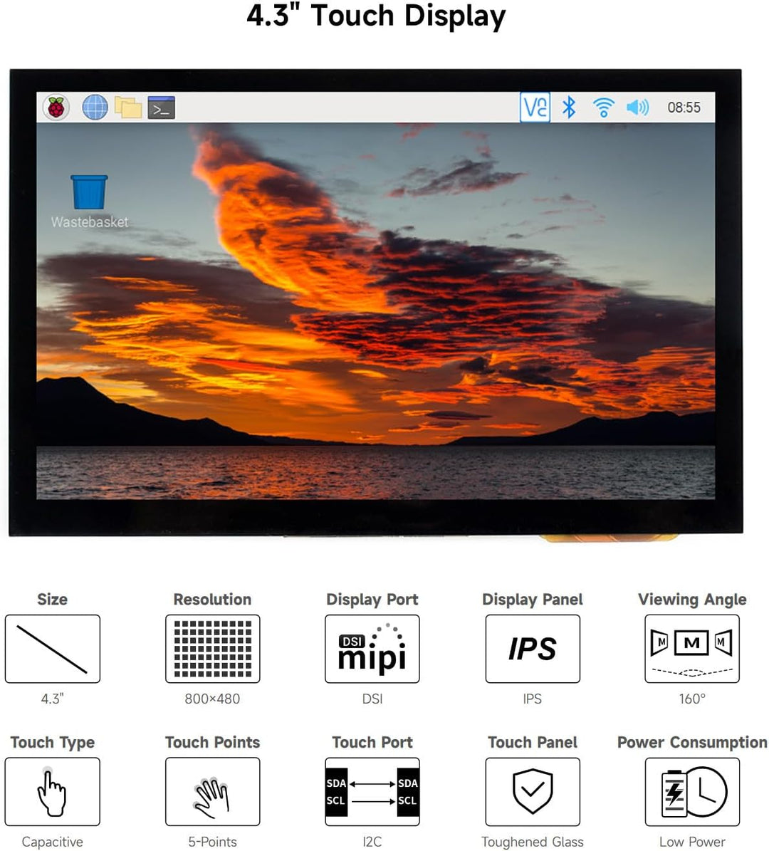 Waveshare 4.3inch LCD Capacitive Touch Display for Raspberry Pi 4B/3B+/3A+/3B/2B/B+/A+ 800×480 IPS W