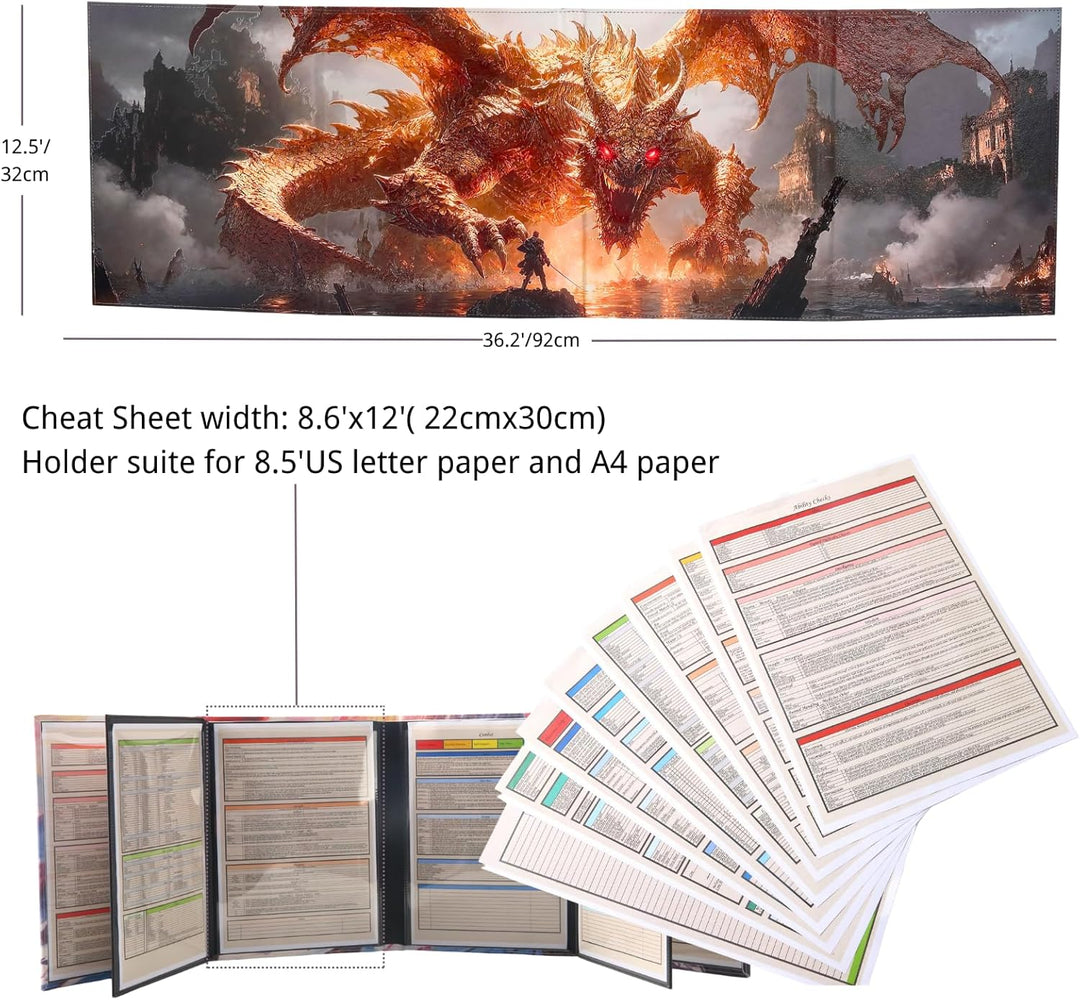 DND DM Screen 8 Panels with Embossed Fabric 2 Swinging Wet Erase Pockets and 8 Cheat Sheets Dungeon