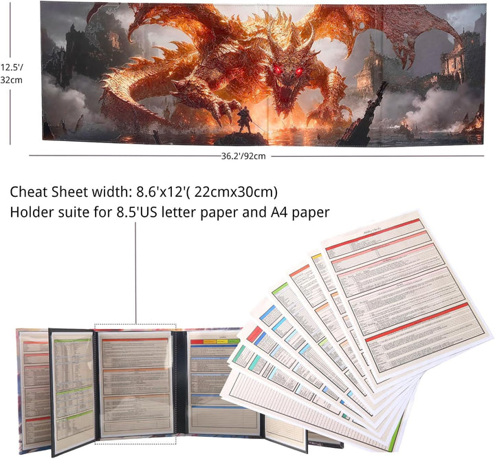 DND DM Screen 8 Panels with Embossed Fabric 2 Swinging Wet Erase Pockets and 8 Cheat Sheets Dungeon