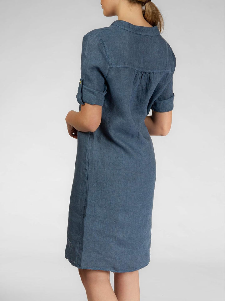 Caspar SKL037 stylisches knielanges Damen Sommer Leinenkleid mit Reissverschluss Ausschnitt 38 Jeans