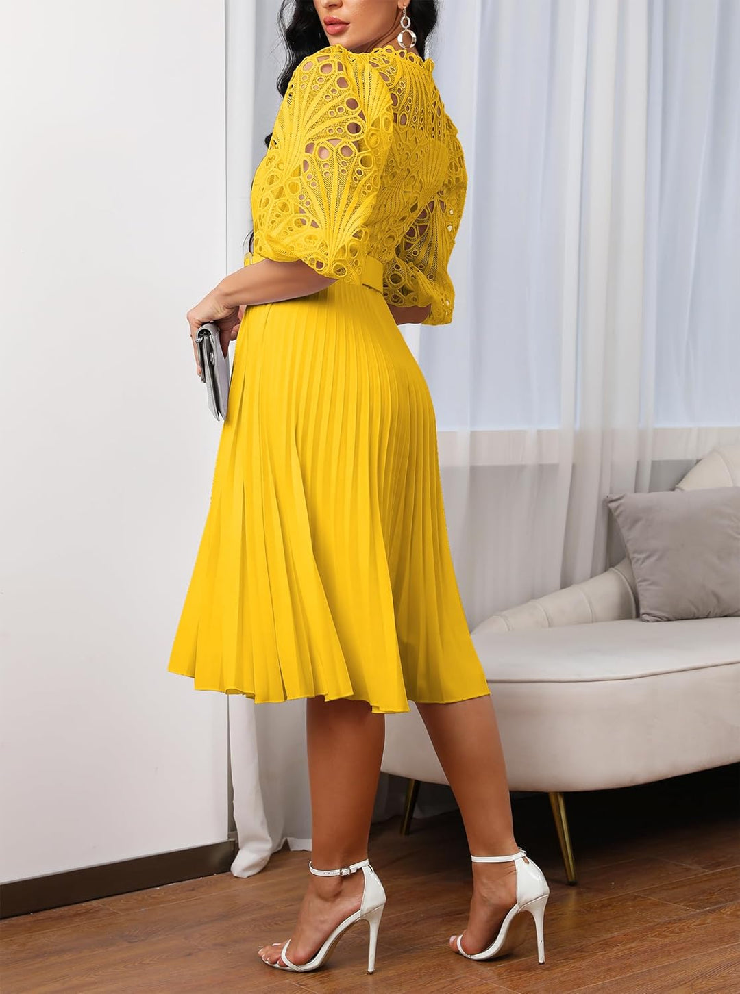Spitzenkleid, plissiert, Puffärmel, wadenlang, kurze Ärmel, Midi-Kleid, hohles Party-Abendkleid XL G