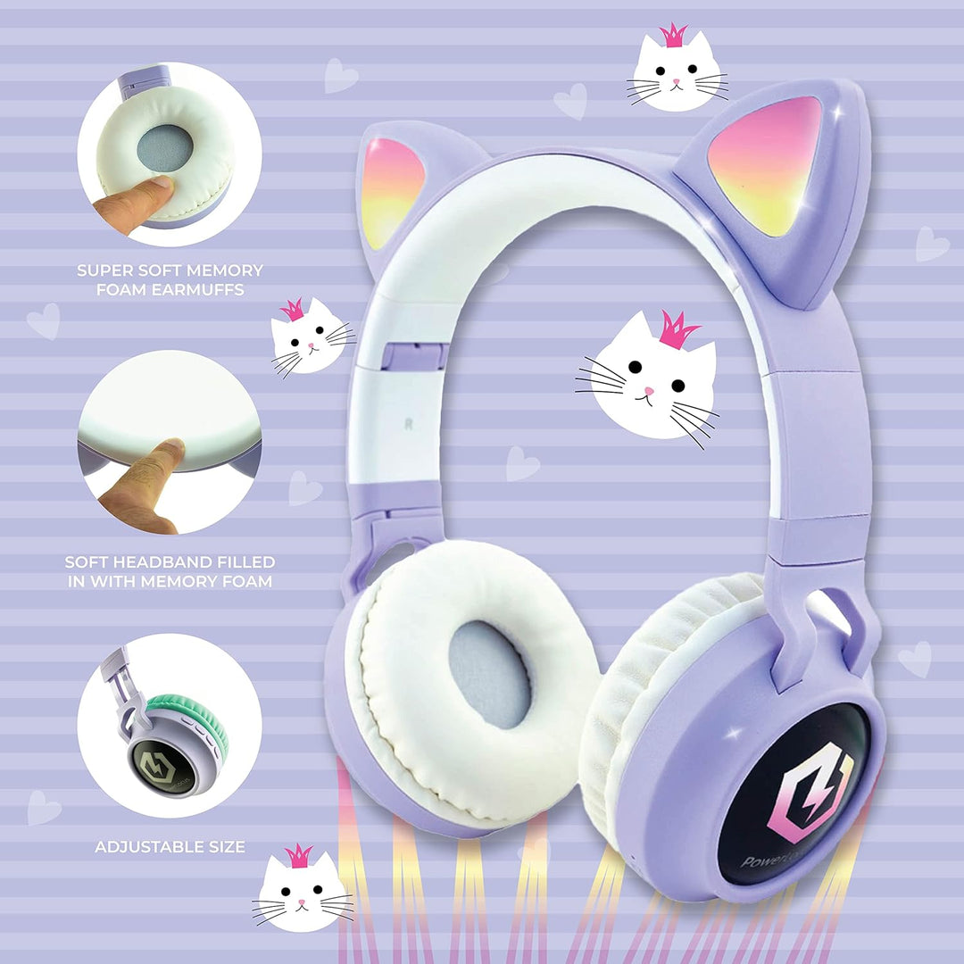 PowerLocus Bluetooth Kopfhörer Kinder, LED Katzenohren, 85dB Sichere Lautstärke, Bluetooth 5.3, Micr
