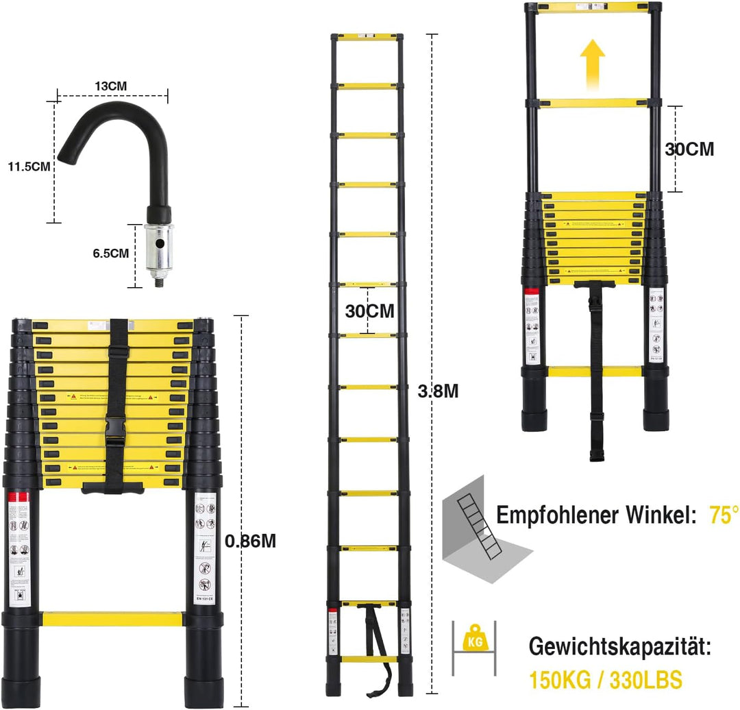 Eulenke 3,8M Teleskopleiter, Rutschfester Aluminium Multifunktionsleiter mit 2 Haken, Ausziehleiter