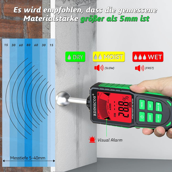 RDINSCOS Feuchtigkeitsmessgerät Wiederaufladbarkeit Wand Feuchtemessgerät Mauerwerk mit Farbdisplay