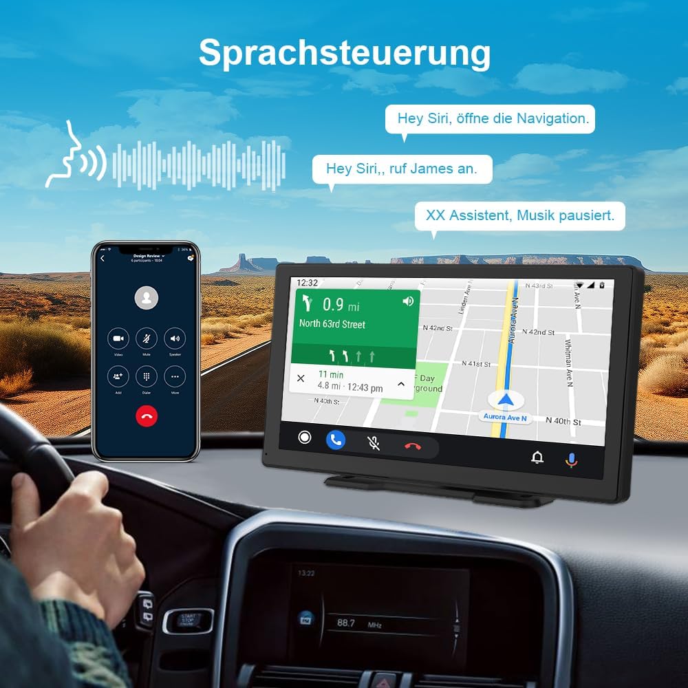 Junsun Carplay Navigation mit CarPlay &amp; Android Auto, für Auto, LKW und Wohnmobile, unterstützt Blue