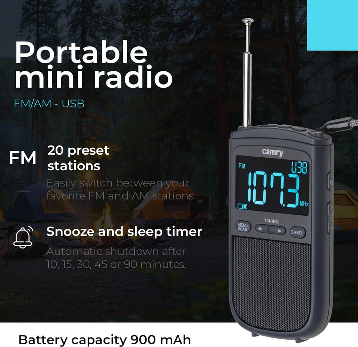 Camry CR 1905 Tragbares Digitalradio, LCD-Display, FM/Am, Akku 900 mAh, USB-C, Teleskopantenne, Schw