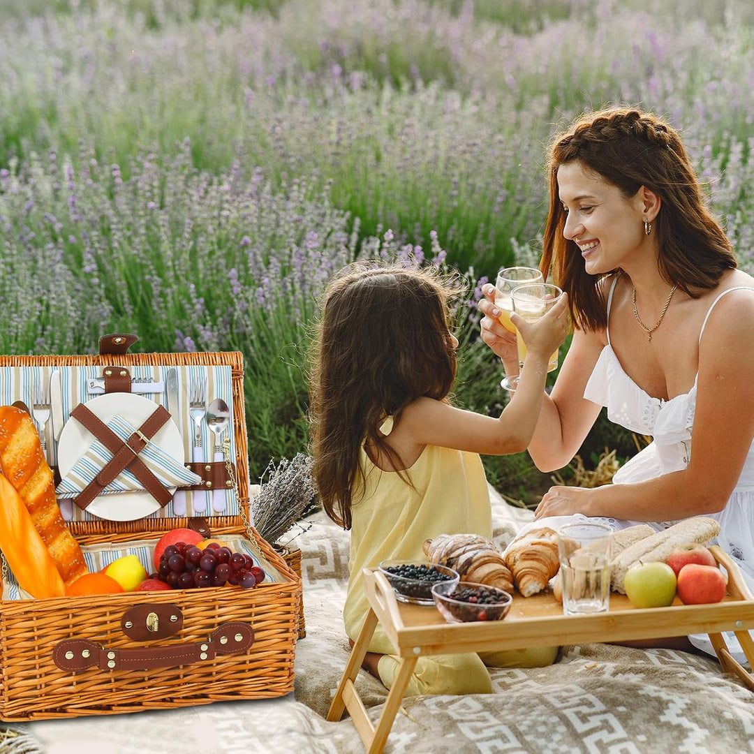 Picknickkorb Set für 2 Person mit Kühlfach, Abnehmbarer Riemen, Weinbeutel, Besteck Set, für Camping