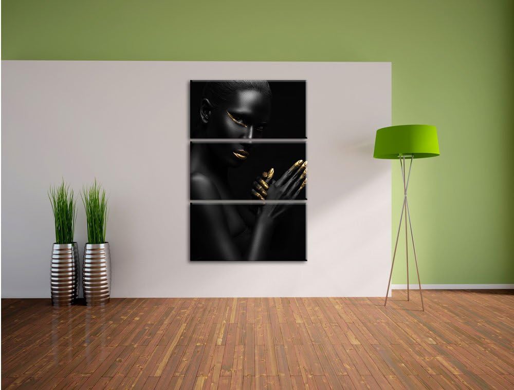 Pixxprint Frau mit goldenen Lippen / 3-Teilig/Gesamtmass 120cm Leinwandbild bespannt auf Holzrahmen/