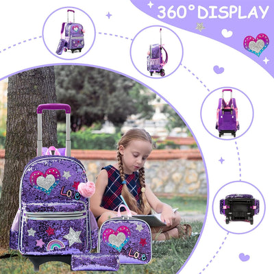 HTgroce Lila Liebe Trolley Rucksack mit Rollen, Federmäppchen, Lunch Tasche 3 in 1 Pailletten Rollin