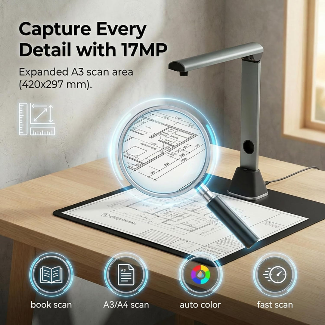 Scanner Dokumentenscanner A3 Scanner: 17 MP mit OCR für 130 Sprachen USB Dokumentenkamera mit 4 LED