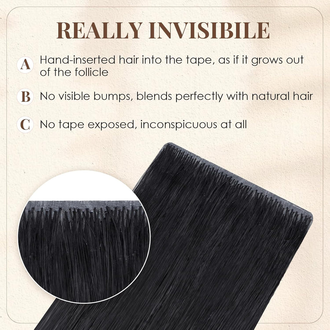 Elailite Tape Extensions Echthaar #1 Schwarz, 10 Stück Unsichtbar Kleber Haarverlängerungen 20g, 25c