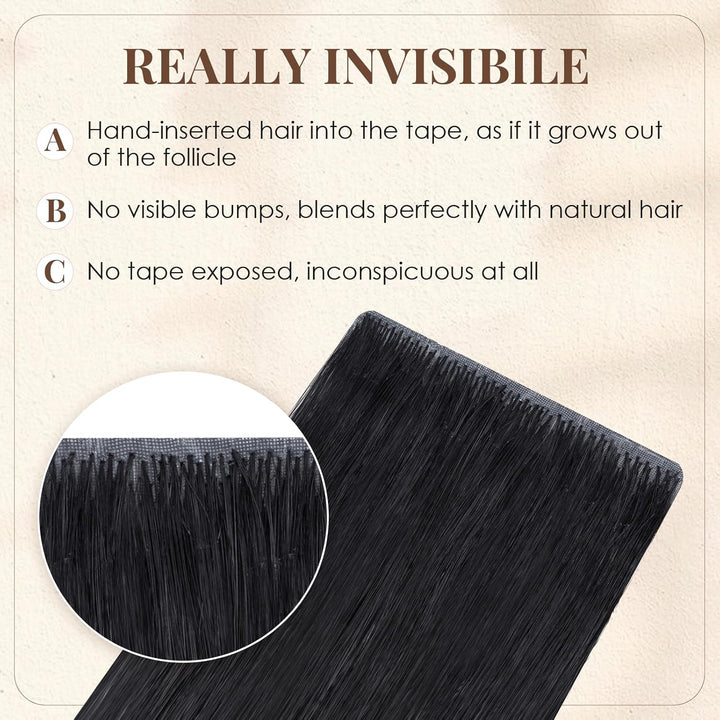Elailite Tape Extensions Echthaar #1 Schwarz, 10 Stück Unsichtbar Kleber Haarverlängerungen 20g, 25c