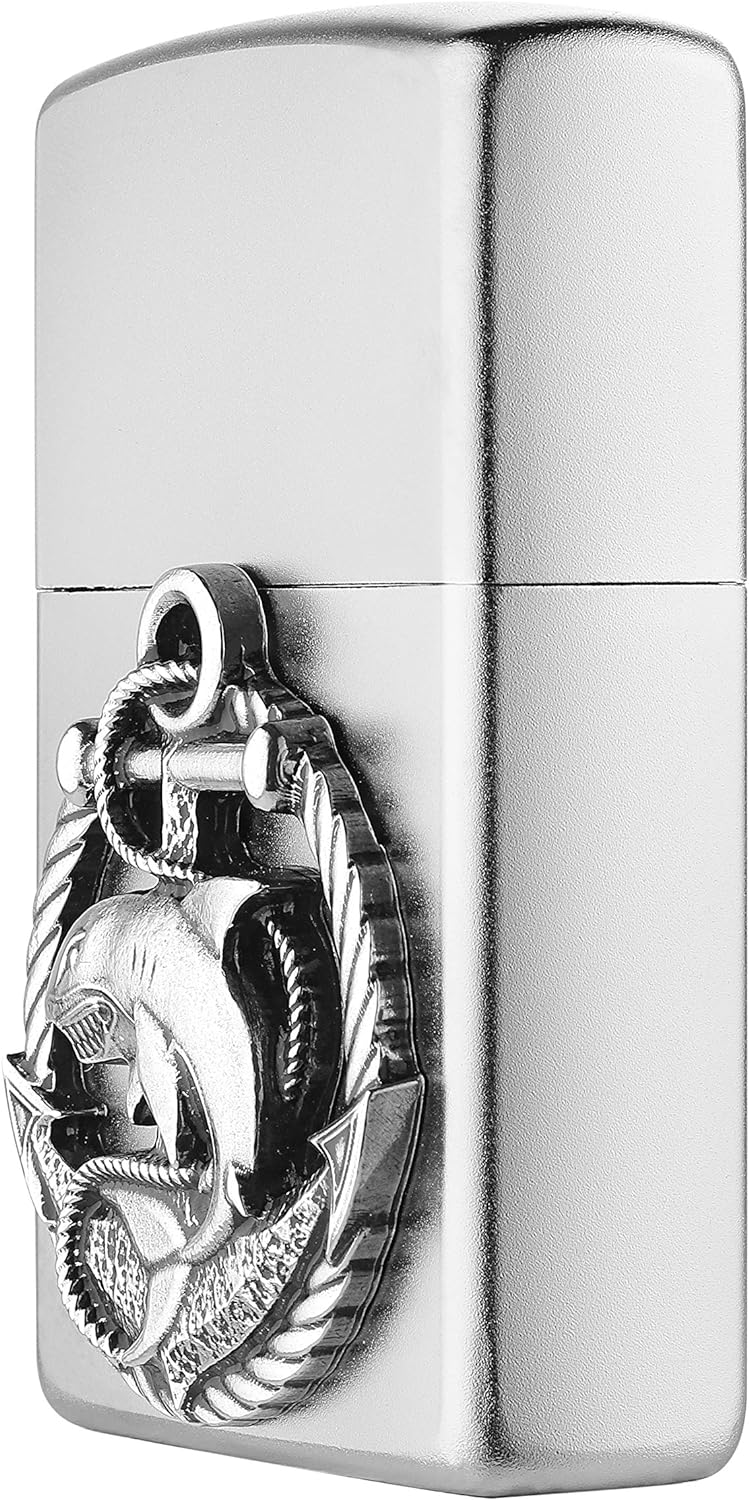 ZIPPO 2007130 – Shark Emblem, Satin Chrome – Benzin Sturm-Feuerzeug, nachfüllbar, in hoch-wertiger G