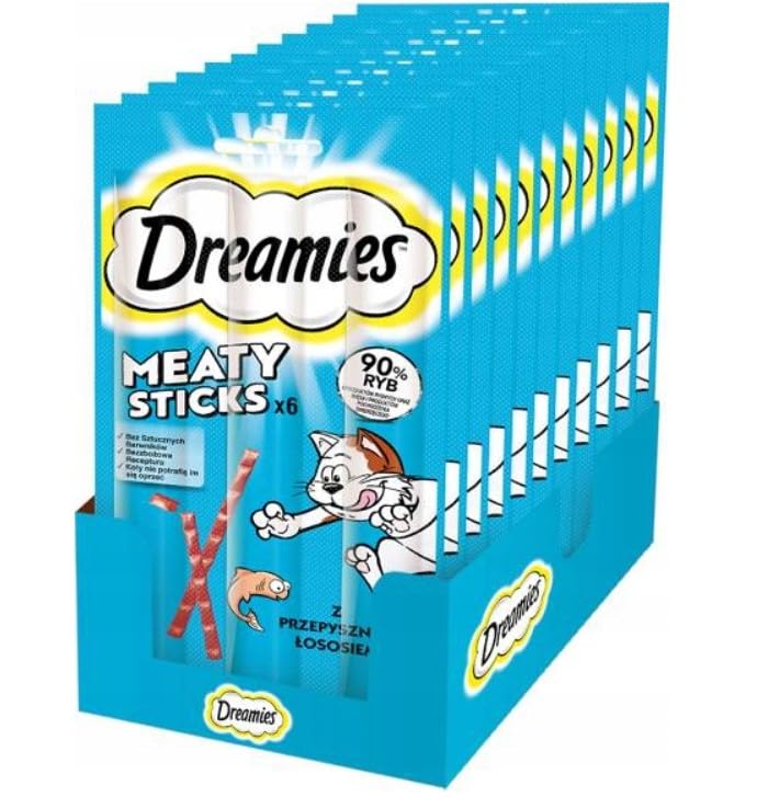 Dreamies Meaty Sticks Katzensnack mit Lachs Belohnung für verspielte Samtpfoten 14 x 30g (14 x 6 Stü