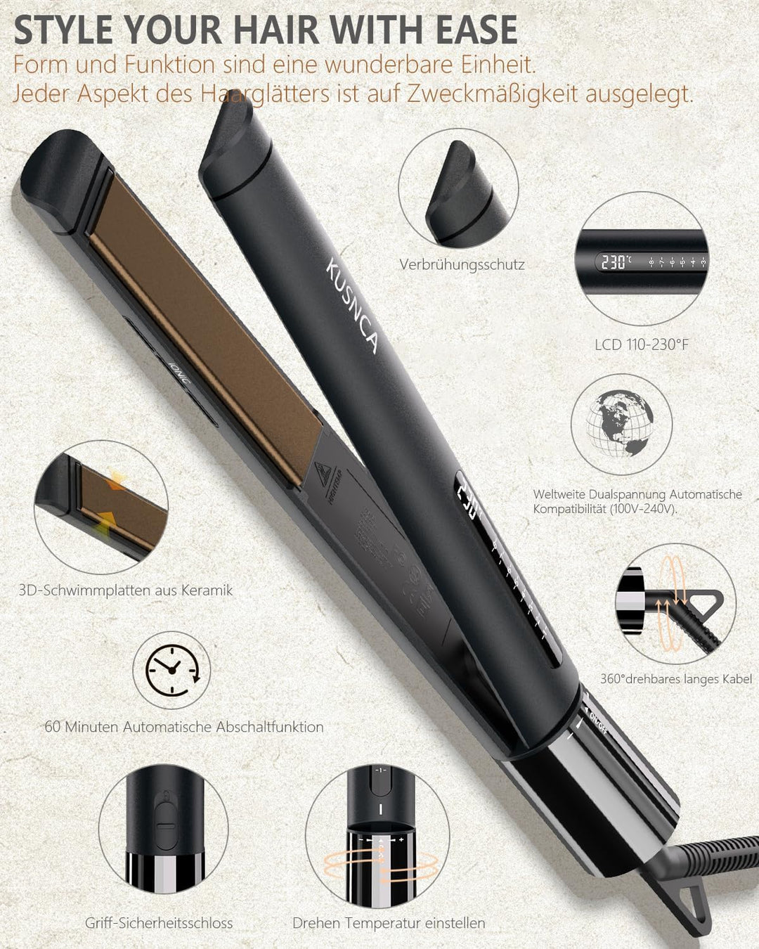 KUSNCA Ionen Glätteisen, 2 IN 1 Haarglätter Locken und Glätten Glatt und Glänzend, 3D-Schwebende Ker