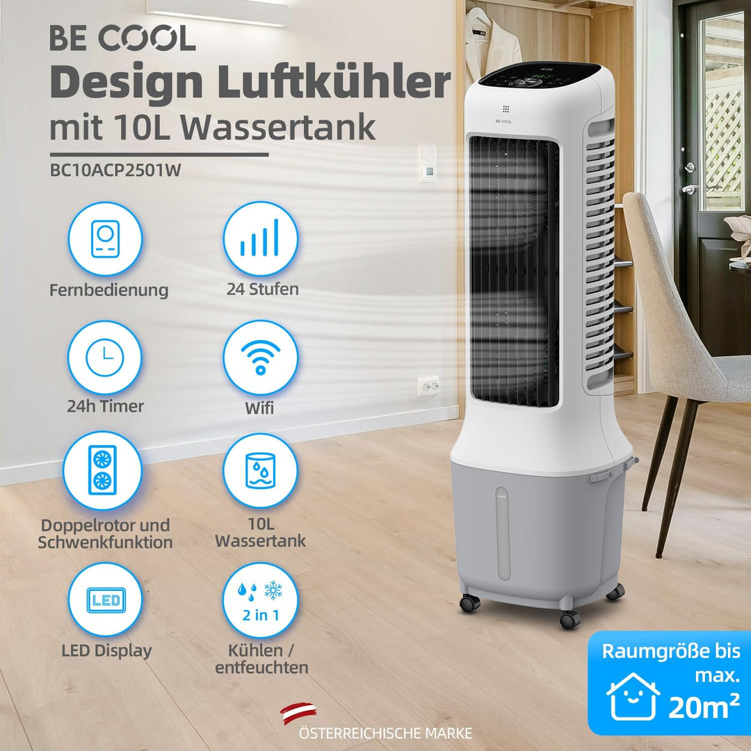 BE COOL Premium Turmluftkühler mit 10L Wassertank & WLAN – 38W, 24 Geschwindigkeiten, 3 Windmodi, 12
