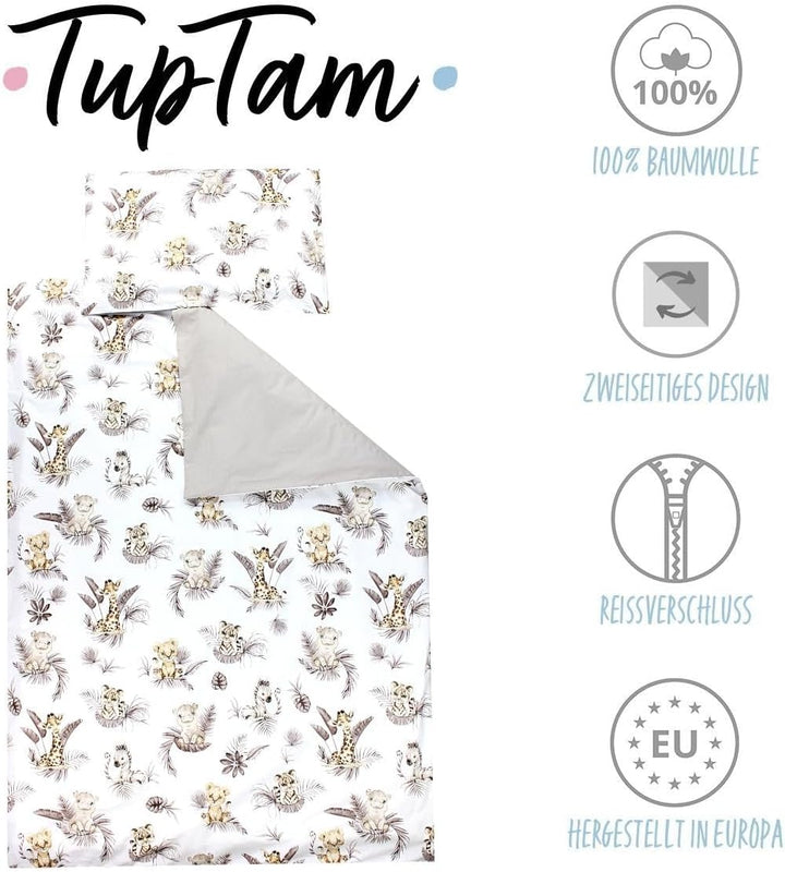 TupTam Kinder Bettwäsche Gemustert 2-Teilig Wendebettwäsche, Farbe: Beige Löwe Blätter/Beige, Grösse