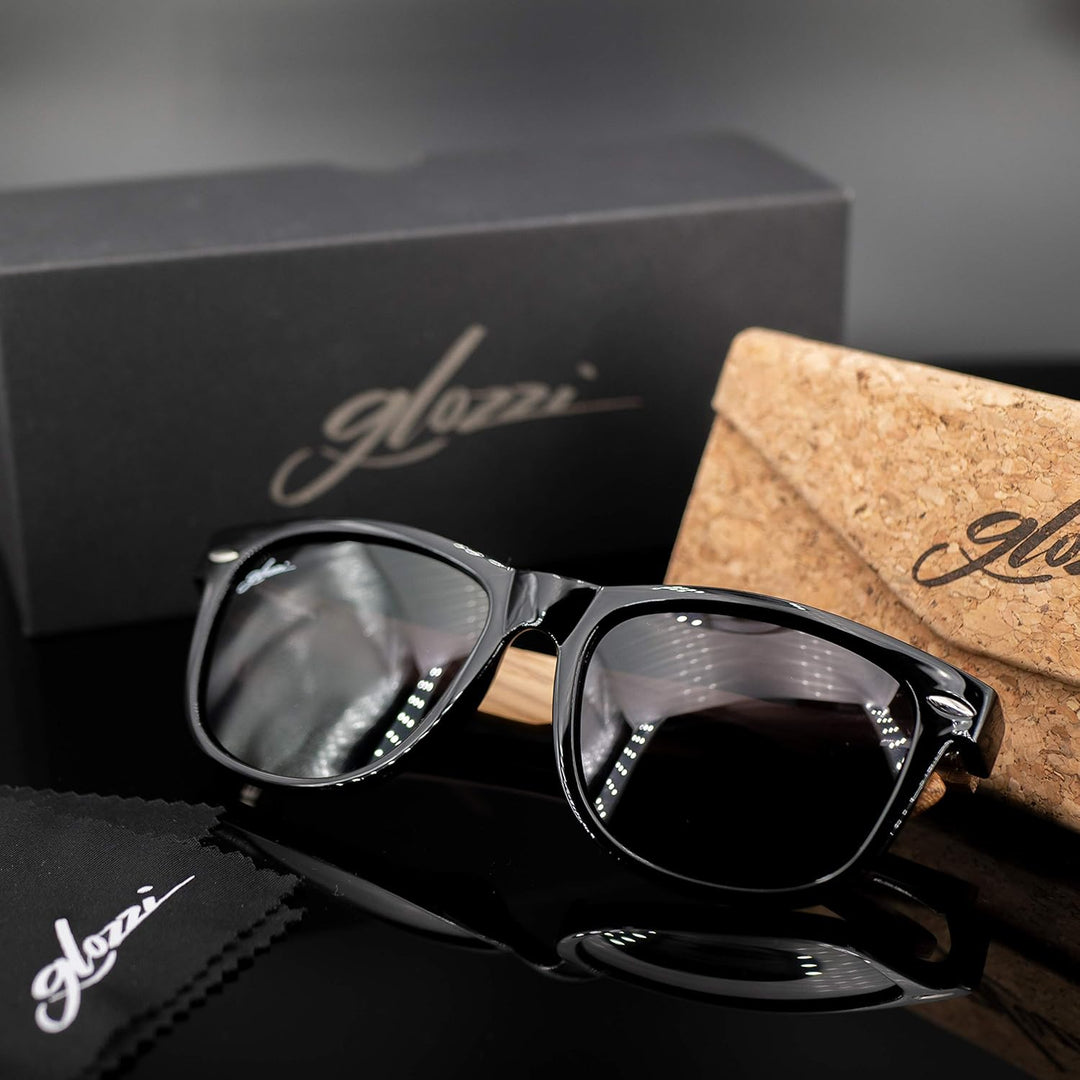glozzi Sonnenbrille Herren und Damen Holz Polarisiert UV400 mit Holzbügeln und Brillenetui aus Kork