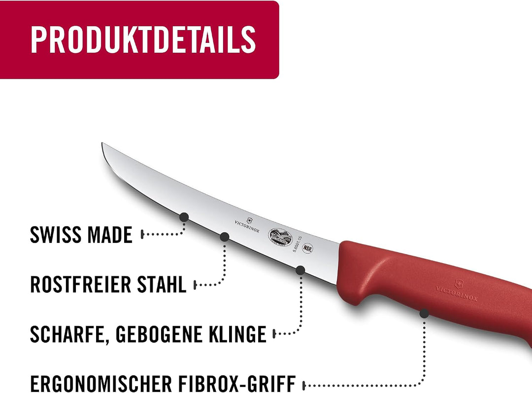 Victorinox Fibrox Ausbeinmesser, Scharfes Küchenmesser für Fleisch und Geflügel, 15 cm, Gebogene Kli