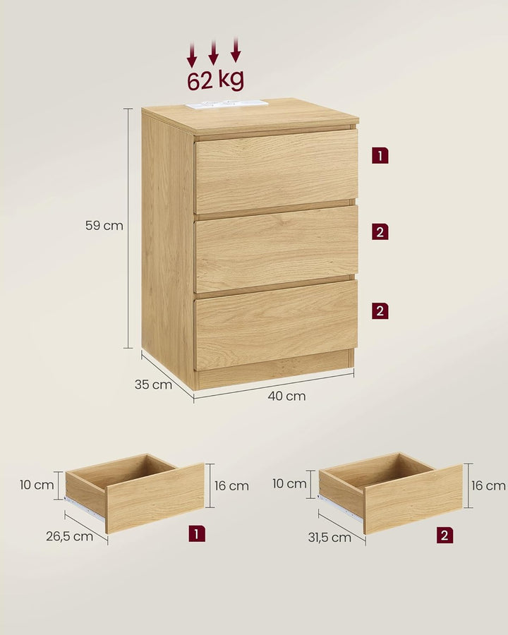 VASAGLE Kailyn Kollektion - Nachttisch mit Steckdosenleiste, 2er Set, Beistelltisch, 3 Schubladen, 2