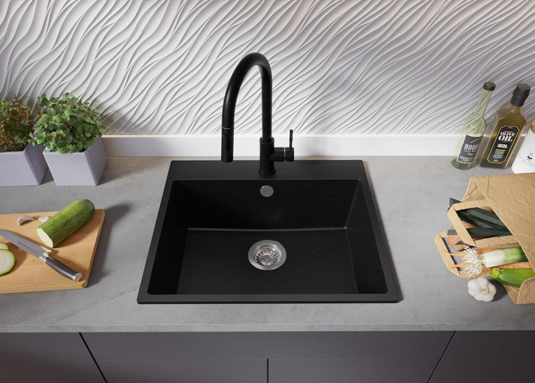 PRIMAGRAN Granitspüle Schwarz 58x50cm, Spülbecken 1 Becken + Ablauf-Set + Küchenarmatur 32x20cm + Sc