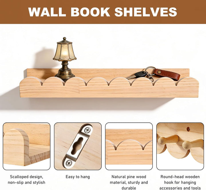 GBKDQQ 3er Bücherregal Kinder Wand Set, 40cm Wandregal Kinderzimmer mit Holzhaken, Holz Wandregal Bü