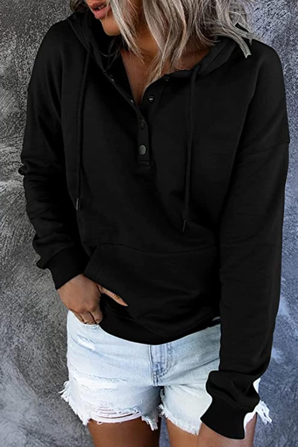 GOLDPKF Hoodie Damen 1/4Knopfleiste Leichter Pullover für Den Kapuzenpullover V-Ausschnitt S A01-sch