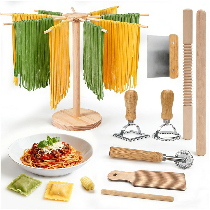 Pasta Herstellungs Set 9 Stück mit Pastatrockengestell, Nudelholz mit Gewinde, 2 Nudelhölzern, Gnocc