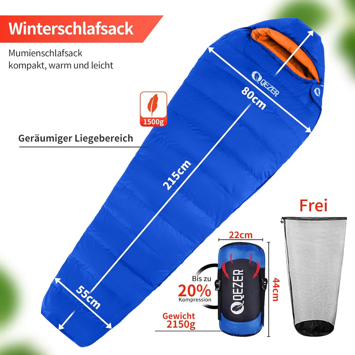 Daunenschlafsack,Warmer Leichter Winter Schlafsack 0°C bis -23°C für Erwachsener und Kind 4 Jahresze