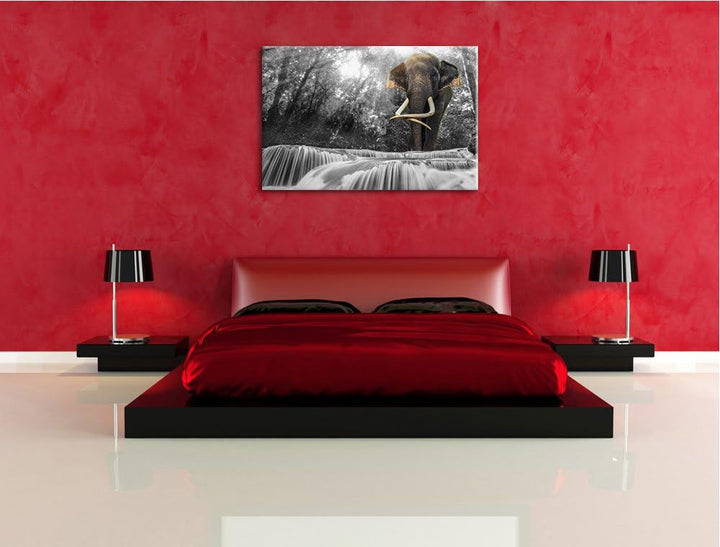 riesiger Elefant am Bach schwarz/weiss Format: 100x70 auf Leinwand, XXL riesige Bilder fertig gerahm